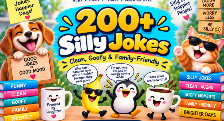 # 200+ Silly Jokes: Clean, Goofy & Family-Friendly If you need **silly jokes** for kids, family, friends, school, parties, or captions, you're in the right place. This collection focuses on quick setups, goofy situations, playful wordplay, and clean punchlines. You'll find jokes for different ages and settings, including animal jokes, food jokes, one-liners, knock-knock jokes, school humor, birthday lines, holiday jokes, texts, captions, and cards. Pick the style that fits the moment and let the silliness do the rest. ## Quick Answer **Silly jokes** are playful jokes built around goofy situations, unexpected answers, simple wordplay, or harmless nonsense. The best ones are easy to understand, easy to remember, and fun to share. ## TL;DR • 🤪 Pick simple jokes for younger children. • 👨‍👩‍👧 Use clean jokes for family gatherings. • 🐶 Animal jokes are easy to visualize. • 📚 School jokes work well in classrooms. • 📸 One-liners make quick captions. • 🎉 Birthday jokes fit cards and parties. ## Silly Jokes for Kids Young joke-tellers usually enjoy humor they can picture instantly. Animals, food, school supplies, and everyday objects make excellent starting points. Keep the setup short and let children enjoy the punchline without explaining it. Sometimes the biggest laugh comes from saying an ordinary idea in a completely silly way. • Why did the crayon bring a suitcase? It was ready to draw new conclusions. • What did the shoe say after breakfast? “I'm feeling well fed.” • Why did the pencil sit by the window? It wanted a better point of view. • What did the backpack say on Friday? “I'm ready to unpack.” • Why did the spoon wear sunglasses? It was serving serious style. • What did the blanket say before bedtime? “I've got this covered.” • Why did the eraser become a detective? It was good at removing clues. • What did the lunchbox say to the sandwich? “You belong inside.” • Why did the ruler bring a map? It wanted to measure the distance. • What did the notebook say after school? “That was quite a page-turner.” • Why did the glue feel confident? It knew how to stick with things. • What did the marker tell the paper? “I'll make my point clear.” ## Clean Silly Jokes for Families Family humor works best when everyone can enjoy the punchline. Avoid jokes that depend on embarrassment, insults, or complicated references. These are easy choices for dinner tables, family game nights, car rides, and lazy afternoons together. 👨‍👩‍👧 • Why did the sofa join the family photo? It wanted to support everyone. • Our refrigerator tells the coolest jokes in the house. • Why did the family calendar get invited? Everyone could count on it. • My family started a band, but nobody could agree on the volume. • Why did the kitchen clock feel important? It always knew when dinner was coming. • Our toaster loves family breakfast because it gets a warm welcome. • Why did the lamp join the family meeting? It wanted to shed some light. • My family plays cards so seriously that even the snacks get nervous. • Why did the couch become everyone's favorite? It was always there for support. • Our dinner table has great manners because everyone knows how to pass things along. • Why did the family plant get invited to every gathering? It had really grown on us. • My family's favorite exercise is running out of snacks. ## Short Silly One-Liners One-liners are useful when you need a joke without a long setup. They're especially handy for texts, lunchbox notes, captions, and quick conversations. Say the line naturally and move on. A short pause after the punchline can make the silliness land better. • My shoes are great friends because they always stick together. • My calendar is busy because its days are numbered. • I asked my ruler for advice. It told me to measure my options. • My backpack needs a vacation. It's carrying too much emotional baggage. • My pencil has confidence because it always has a point. • My blanket is trustworthy because it covers for everyone. • My socks started a club. They wanted to stay together. • My notebook is dramatic because everything becomes a big issue. • My alarm clock and I disagree about what “morning” means. • My shoes wanted a promotion, but they were still stuck at ground level. • My headphones are excellent listeners. They never interrupt. • My bookmark is patient. It knows exactly where I left off. ## Goofy Animal Jokes Animals make excellent silly-joke characters because you can give them completely unexpected personalities. A dog can become a chef, a turtle can become a traveler, and an owl can become a homework expert. 🐶 • Why did the dog open a restaurant? It wanted to serve paw-sta. • What did the cat say after finishing a puzzle? “That was claw-some.” • Why did the turtle bring a suitcase? It was taking things slowly. • What does a cow play at a concert? Moo-sic. • Why did the duck carry a notebook? It had quack-tice to do. • What did the sheep say before bedtime? “Time to count me.” • Why did the rabbit become a gardener? It had a natural talent for harebs. • What does a polite horse say? “Neigh, thank you.” • Why did the squirrel save every acorn? It believed in nut-ting to waste. • What did the owl say during math? “Whooo knows the answer?” • Why did the frog bring a microphone? It had something ribbit-ing to say. • What did the penguin say about winter? “This is totally my scene.” ## Silly Food Jokes Food gives silly humor an endless supply of familiar characters. A sandwich can have an attitude, a potato can have a plan, and a cookie can have a bad day. These jokes are useful around the dinner table, at parties, or whenever someone starts talking about snacks. 🍕 • Why did the sandwich apply for a job? It wanted to earn its bread. • What did the pancake say after exercising? “I'm feeling batter already.” • Why did the potato avoid arguments? It didn't want to get mashed into the problem. • What did the bread say at breakfast? “Let's make this a toast-worthy day.” • Why did the orange stop talking? It ran out of juice. • What did the cheese say after winning? “That was grate!” • Why did the popcorn love parties? It always popped up at the right time. • What did the grape say before the race? “I hope I wine.” • Why did the sandwich need a break? It was feeling a little pressed. • What did the cookie say to the milk? “We make a great team.” • Why did the carrot get promoted? It had a healthy attitude. • What did the pizza say when it needed help? “I knead somebody.” ## Silly Knock-Knock Jokes Knock-knock jokes are great for interactive humor because the listener has a role too. They're especially easy for children to memorize and perform. Keep each exchange moving. The rhythm is part of the fun, even when the punchline is wonderfully corny. • Knock, knock. Who's there? Canoe. Canoe who? Canoe open the door? • Knock, knock. Who's there? Lettuce. Lettuce who? Lettuce tell another joke. • Knock, knock. Who's there? Tank. Tank who? You're welcome! • Knock, knock. Who's there? Atch. Atch who? Bless you! • Knock, knock. Who's there? Harry. Harry who? Harry up and answer. • Knock, knock. Who's there? Olive. Olive who? Olive hearing silly jokes. • Knock, knock. Who's there? Bee. Bee who? Bee ready for another one. • Knock, knock. Who's there? Snow. Snow who? Snow problem. • Knock, knock. Who's there? Donut. Donut who? Donut forget to smile. • Knock, knock. Who's there? Cow says. Cow says who? Cows say moo! • Knock, knock. Who's there? Banana. Banana who? Banana another joke is coming. • Knock, knock. Who's there? Alpaca. Alpaca who? Alpaca suitcase for the trip. ## Corny Silly Dad Jokes Dad jokes don't need complicated comedy. They rely on familiar words, predictable setups, and punchlines that make people groan before they smile. That's part of their charm. Deliver them confidently and don't apologize for the cheesiness. • Why did the scarecrow get promoted? It was outstanding in its field. • Why did the bicycle stop moving? It was two-tired. • What do you call a sleeping bull? A bulldozer. • Why did the math book need help? It had too many problems. • Why did the golfer carry spare pants? In case he got a hole in one. • Why did the broom get invited? It knew how to sweep people off their feet. • What did the ocean say to the beach? Nothing. It just waved. • Why did the computer take a break? It needed to reboot its attitude. • Why did the pencil feel important? It had a point to make. • What did one wall say to another? “I'll meet you at the corner.” • Why did the calendar get a day off? It needed some time away. • Why did the clock get promoted? It was always on time. ## Silly School Jokes School jokes are easiest to use when they focus on familiar routines rather than making anyone the punchline. Books, pencils, homework, bells, backpacks, and recess provide plenty of harmless material. 📚 • Why did the pencil arrive early? It wanted to be sharp. • Why did the notebook smile? It had a great story. • What did the ruler say during math? “Let's keep things measured.” • Why did the backpack complain? It was carrying too much work. • Why did the clock love school? It was always on time. • What did the eraser say after a mistake? “I've got this.” • Why did the book stay after class? It had another chapter to finish. • Why did the school bell feel important? Everyone listened to it. • What did the pencil case say? “I've got everything covered.” • Why did the library whisper? It preferred quiet humor. • Why did the calculator smile? It finally added some fun. • What did the homework say at bedtime? “I'll still be here tomorrow.” ## Silly Jokes for Friends Friend jokes should create a laugh without making someone the target. Goofy observations and shared situations are usually safer and easier to enjoy. These work in group chats, hangouts, sleepovers, or casual conversations. 😎 • My friend asked for advice, so I recommended snacks. • We planned a quiet afternoon and immediately ruined it with a kazoo. • My friend told me to act normal. I needed further instructions. • We started a serious conversation, then somebody mentioned pizza. • My friend wanted a clever nickname, so I called them “Nickname.” • We created a nap club, but attendance was terrible. • My friend asked what I was doing. I said, “Avoiding responsibility artistically.” • We tried taking a serious photo. Someone's eyebrow disagreed. • My friend said I needed balance, so I bought matching socks. • We planned a five-minute snack break. Dinner happened instead. • My friend asked for a joke. I gave them my entire personality. • We decided to be productive, then spent ten minutes discussing snacks. ## Silly Birthday Jokes Birthday humor should make the celebration feel warmer, not turn someone into the punchline. These work for cards, texts, party signs, gift tags, and quick birthday messages. 🥳 • Birthdays are proof that cake can solve many problems. • Why did the birthday candle smile? It was having a bright moment. • I brought a gift and a joke. The joke was easier to wrap. • Why did the balloon feel confident? It was full of itself. • Birthday rule: cake first, sensible decisions later. • Why did the party hat look happy? It was having a pointedly good day. • Another birthday means another excellent excuse for snacks. • Why did the gift box grin? It had something up its sleeve. • Your birthday wish came true: there is cake nearby. • Why did the card feel important? It had a message to deliver. • I tried to wrap your gift perfectly. The paper had other plans. • Hope your birthday is bright enough to need sunglasses. ## Silly Holiday Jokes Holiday jokes can be short, cheerful, and easy to share. Use familiar seasonal ideas so the punchline doesn't need a long explanation. These work for cards, family gatherings, classroom activities, and social captions. 🎄 • Why did the Christmas tree take a break? It needed to branch out. • What does a snowman eat for breakfast? Frosted flakes. • Why did the pumpkin feel confident? It was looking gourde-geous. • What did the snowflake say? “I'm one of a kind.” • Why did the turkey bring a notebook? It had plenty to gobble about. • Why did the ornament hang around? It loved being part of the scene. • What did the gift box say? “I've got something wrapped up.” • Why did the ghost enjoy Halloween? Nobody expected it to be visible. • What did the candy cane say? “Let's keep things sweet.” • Why did the pumpkin bring a map? It didn't want to get squash-lost. • Why did the reindeer carry directions? It didn't want to take the wrong sleigh. • What did the snowman say about winter? “This is my cool season.” ## Silly Jokes for Texts and Captions Text jokes need almost no setup. Caption jokes work best when they can stand alone beneath a photo. Keep these short enough to read quickly and flexible enough to fit different moods. 📸 • Current mood: professionally silly. • Too busy being unserious today. • My serious face is currently unavailable. • Today's plan: snacks and nonsense. • Making ordinary moments slightly ridiculous. • Powered by snacks and questionable ideas. • Serious photo, extremely unserious thoughts. • I came, I saw, I made it weird. • One joke away from complete nonsense. • My schedule says “busy.” My brain says “snacks.” • Just another day of avoiding boring conversations. • Normal was an option. I declined. ## Clever-but-Silly Wordplay Silly humor doesn't always have to be completely random. A familiar phrase can become funny when you take it somewhere unexpected. These jokes are slightly more word-focused, making them useful for older kids, teens, families, and clever captions. • I tried to write a joke about gravity, but it never landed. • My dictionary is tired because everyone keeps asking it for words. • My stapler and I are close. We're always attached. • I asked the elevator for advice. It brought me up. • My calendar keeps secrets between the dates. • My keyboard and I stay connected all day. • I told my mirror to think about it. It reflected on the idea. • My umbrella always looks on the bright side. • My bookmark knows how to stay in place. • My calculator is reliable because it always adds something. • My ruler has strong opinions. It likes everything measured. • My headphones are great friends because they always listen. ## Silly Jokes for Parties and Cards Party jokes should be quick enough for a group. Card jokes can be warmer because the humor sits alongside a personal message. Choose a line that supports the occasion rather than making the joke more important than the celebration. 💌 • Hope your celebration has great food and even better nonsense. • Here's to good friends, good snacks, and questionable jokes. • Your special day deserves a wonderfully silly message. • May your party be too fun to leave early. • I brought a card because wrapping a joke seemed difficult. • Hope today gives you plenty of reasons to smile. • Congratulations on another year of excellent snack decisions. • May your celebration be bright, cheerful, and slightly ridiculous. • This message contains one joke and absolutely no useful advice. • Here's to a day with fewer worries and more cake. • Thanks for making ordinary days much more entertaining. • Keep being wonderfully weird, wonderfully kind, and wonderfully you. ## Age-Specific Tips for Silly Jokes Not every joke works equally well for every listener. Younger children usually benefit from familiar words and obvious pictures, while older kids can follow more layered wordplay. Choosing the right complexity makes a joke easier to understand and easier to retell. Start simple, then increase the wordplay as the audience gets older. • **Ages 4–6:** Try animals, food, toys, colors, and simple knock-knocks. • **Ages 7–9:** Add school jokes, wordplay, and short riddles. • **Ages 10–12:** Try clever one-liners, absurd situations, and layered puns. • **Teens:** Use short observations, captions, playful wordplay, and dry silliness. • **Mixed families:** Choose familiar objects and situations everyone understands. • **Classrooms:** Keep jokes respectful and easy to hear. • **Parties:** Choose short jokes that don't need background information. • **Texts:** Use one-line jokes that stand alone. • **Cards:** Add warmth before or after the punchline. • **Lunchbox notes:** Pick jokes a child can read quickly. • **Road trips:** Choose jokes that can be told aloud without props. • **Shy joke-tellers:** Start with an easy one-liner instead of a long story. ## Silly Jokes for Road Trips and Waiting Long waits create perfect opportunities for short humor. A joke needs no batteries, no special equipment, and no complicated setup. Choose several short options rather than relying on one long joke. That keeps the conversation moving and gives everyone a chance to participate. • Why did the suitcase tell jokes? It had a lot packed inside. • Why did the map smile? Everything was finally going its way. • My car's favorite subject is geography. It loves going places. • Why did the road tell a story? It had a long history. • My snack bag is the real travel planner. It knows every stop. • Why did the seat belt make friends? It knew how to connect. • We asked the GPS for a joke. It said, “Recalculating.” • Why did the backpack enjoy road trips? It loved carrying the experience. • My water bottle packed early. It didn't want to miss the trip. • Why did the window enjoy traveling? It had a great view. • The suitcase wanted a vacation from traveling. It was packed. • Why did the car bring sunglasses? It was headed toward brighter ideas. ## FAQ ### What are silly jokes? Silly jokes are light jokes based on goofy situations, playful word choices, unexpected answers, or harmless nonsense. They can be very short or slightly longer, but the common goal is simple entertainment. ### What are good silly jokes for kids? Good choices are usually clean, short, familiar, and easy to remember. Animal jokes, school jokes, food jokes, object jokes, and simple knock-knock jokes are useful starting points. Younger children generally benefit from simpler vocabulary and clearer punchlines. ### Are silly jokes good for school? They can be, provided they're respectful and appropriate for the classroom. Avoid jokes that embarrass students, target teachers, or disrupt lessons. Simple jokes about books, pencils, homework, math, and school routines are easier to use safely. ### How do you make a silly joke? Start with something ordinary, such as a shoe, pencil, animal, snack, or backpack. Give it an unexpected action, personality, problem, or answer. Then make the punchline short. The contrast between the normal setup and silly ending creates the humor. ### Are silly jokes the same as dad jokes? Not exactly. Silly jokes can use absurd situations and playful nonsense, while dad jokes often depend on predictable puns and wordplay. Many jokes can fit both categories. ### Can silly jokes work as captions? Yes. Short jokes are particularly useful as captions because they don't need much setup. Choose a line that matches the photo's mood and makes sense without additional explanation. ### What makes a silly joke family-friendly? Family-friendly humor avoids hateful, cruel, humiliating, or inappropriate material. It usually focuses on harmless situations, wordplay, animals, food, school, hobbies, or everyday objects. The best test is simple: would you feel comfortable saying it around a mixed-age family group? ## Conclusion **Silly jokes** don't need complicated setups or perfect punchlines. A goofy idea, a familiar word, and an unexpected ending can be enough to make someone smile. Start with the section that matches your audience, save the lines you like, and share them naturally. Whether you're writing a card, filling a group chat, entertaining kids, or breaking up a quiet moment, a little silliness can go a long way. 🤪